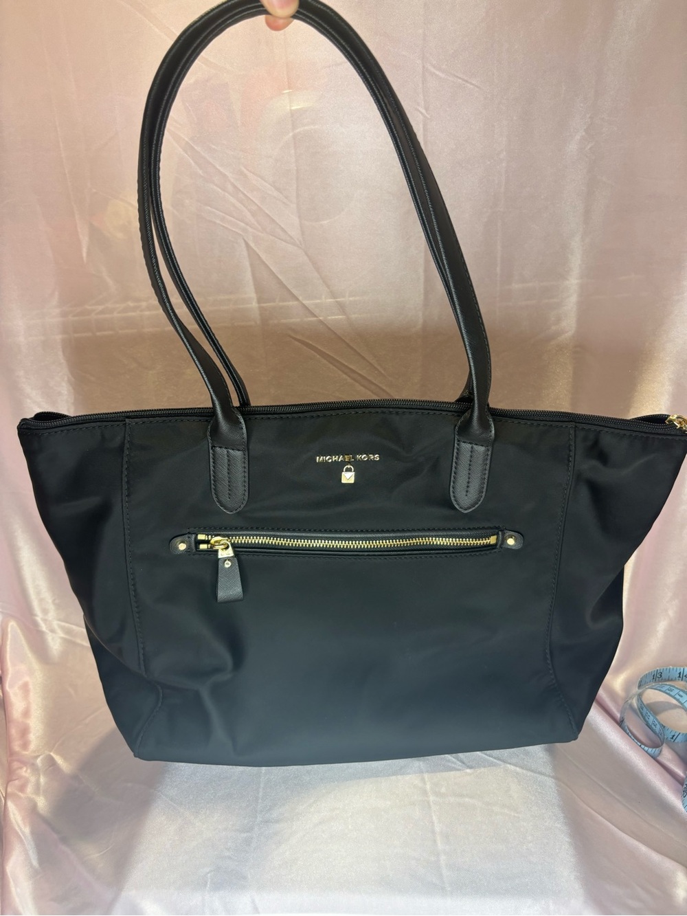 Michael Kors Black Nylon Tote with Front Zip and Gold Hardware